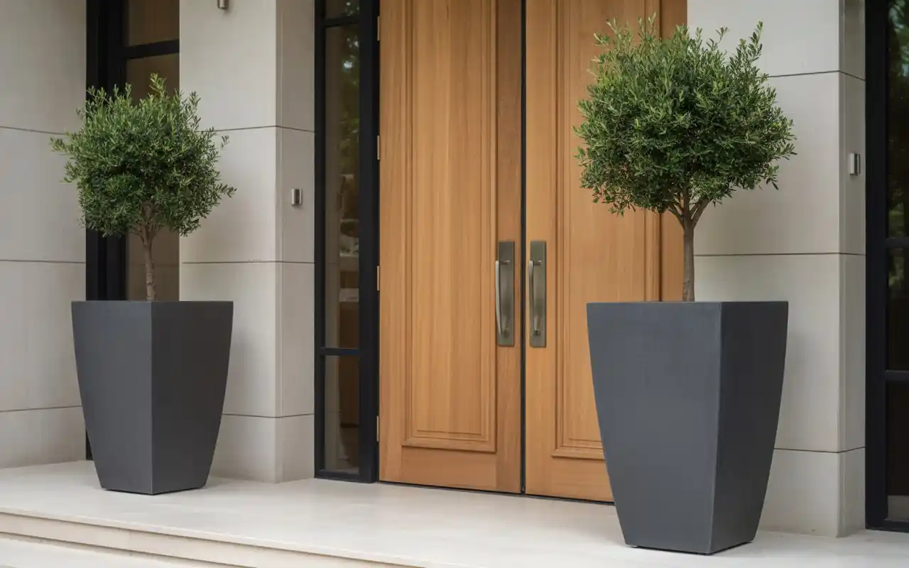 A sleek wooden bench with hidden storage and grey cushions on a clean concrete porch.