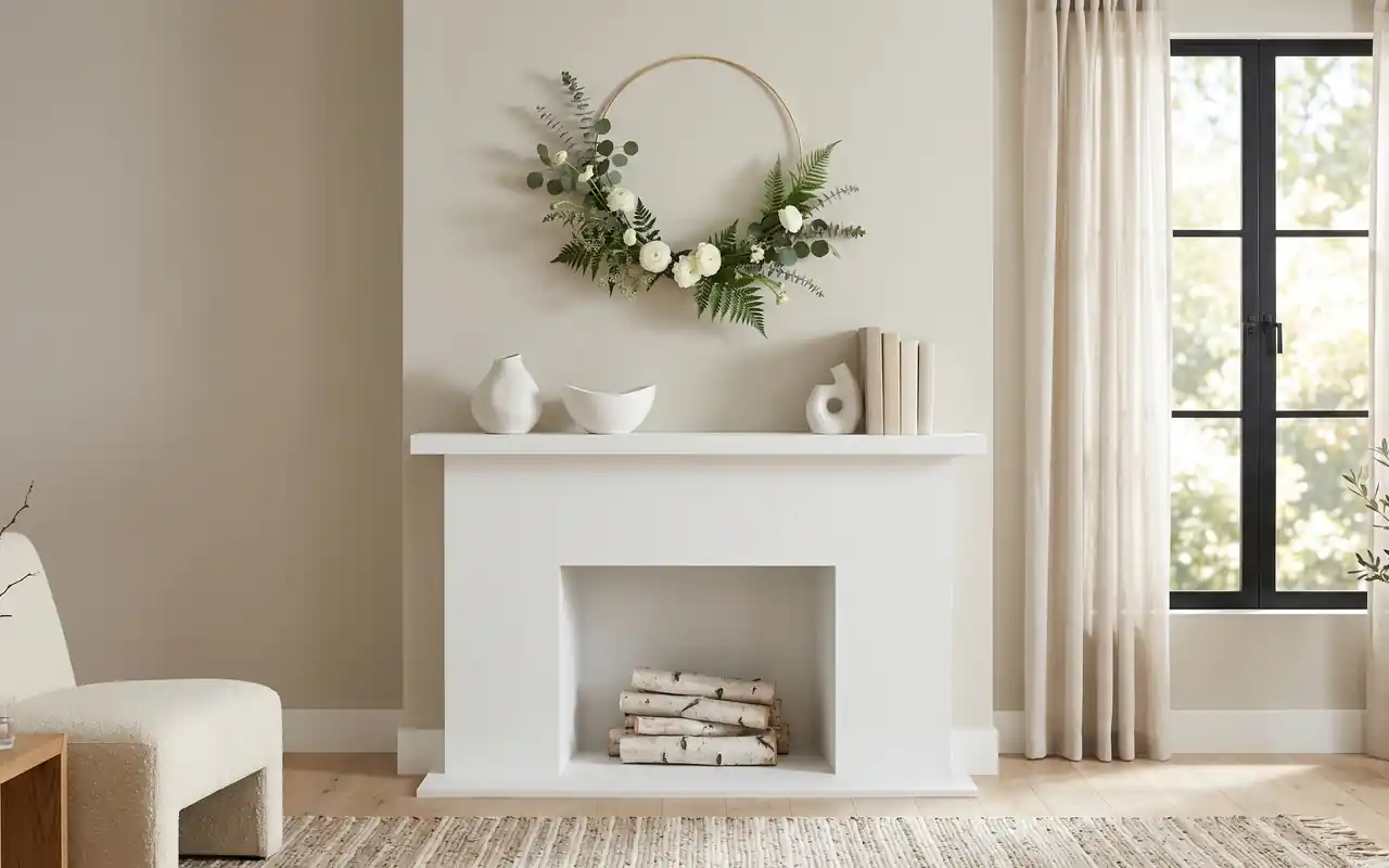 A modern living room featuring a minimalist gold hoop wreath hanging over a fireplace mantle.
