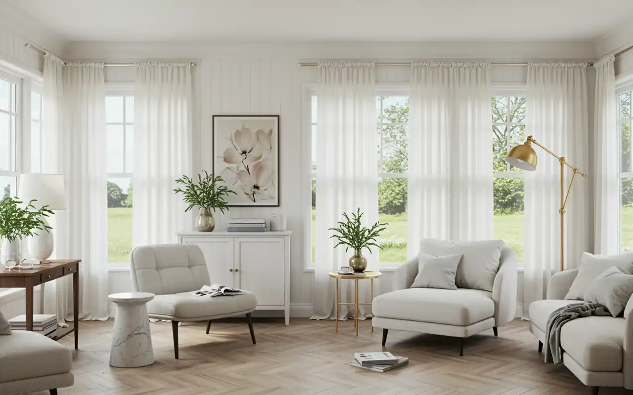 A luxurious modern sunroom with floor-to-ceiling glass, rattan furniture, and lush green plants.