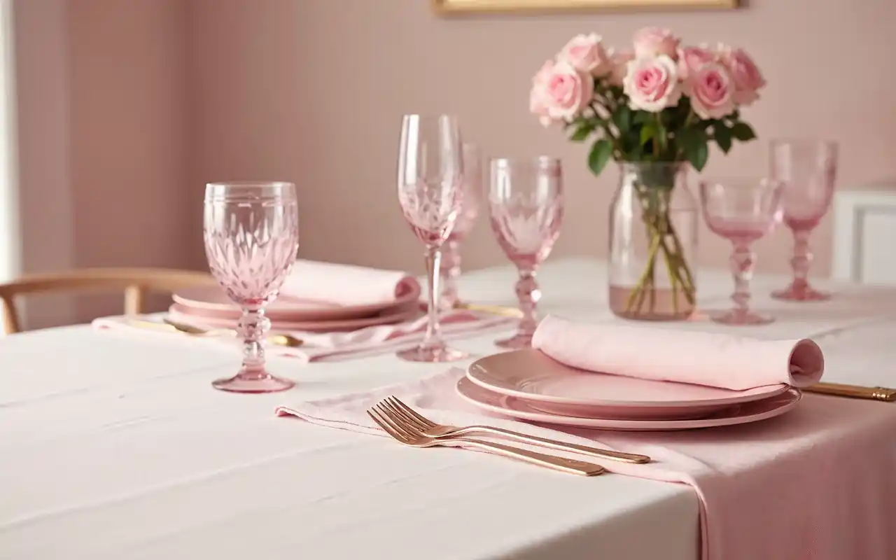 A dining table styled entirely in shades of blush pink with roses and silk ribbons.