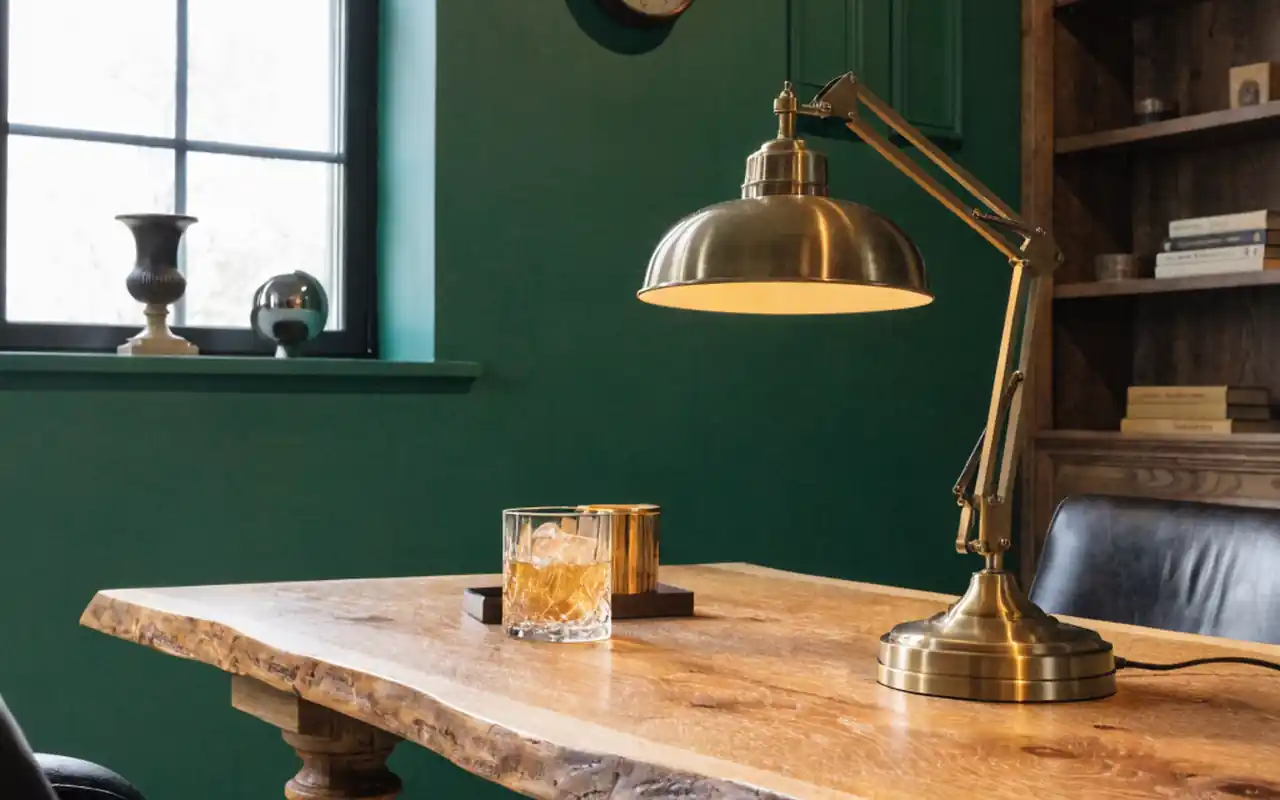 A moody man cave office featuring a forest green accent wall and a heavy oak desk.