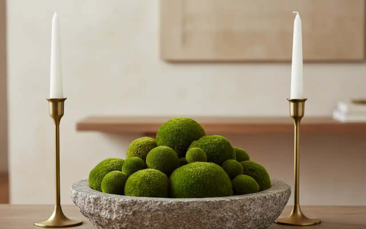 A low-profile centerpiece featuring moss spheres in a stone bowl with brass taper holders.