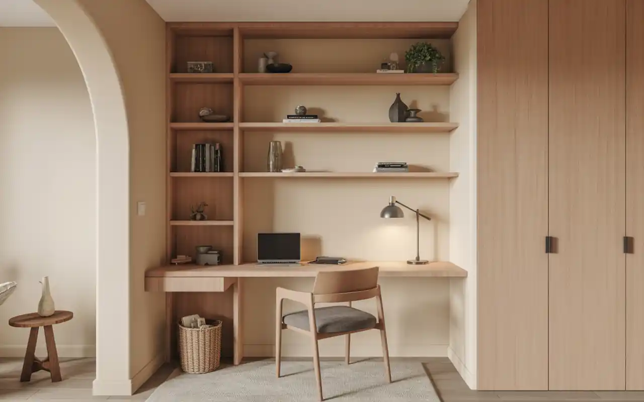 A compact home office nook with floating shelves and a light oak desk in a barndominium.