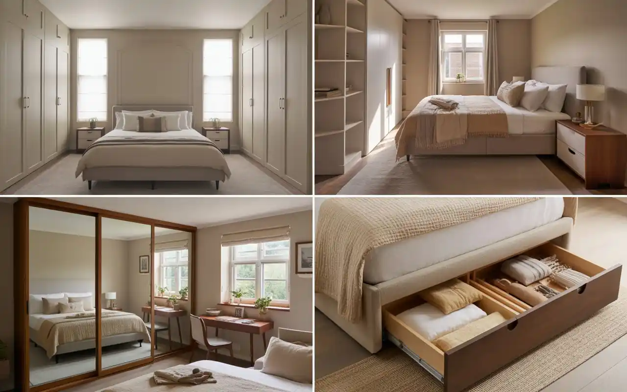 Bed with storage drawers underneath in a small room