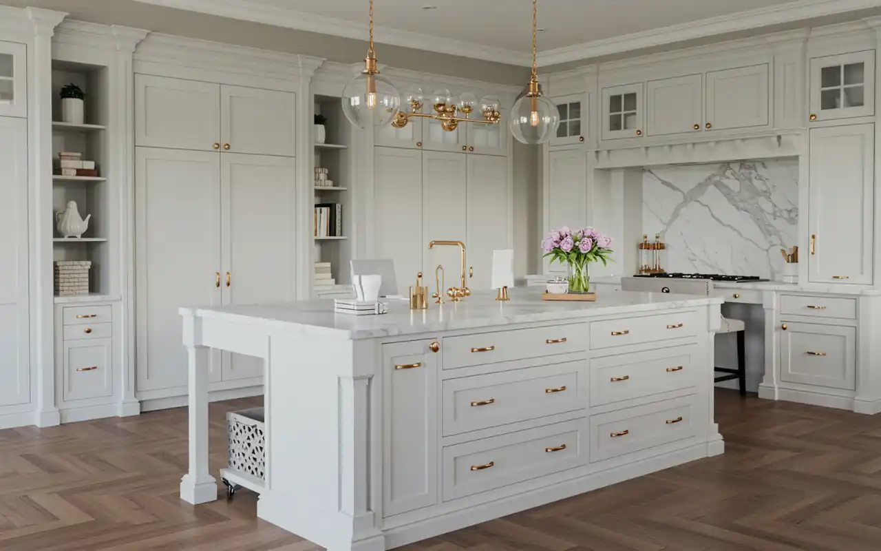 A large white center island in a studio used for cutting fabric and project assembly.