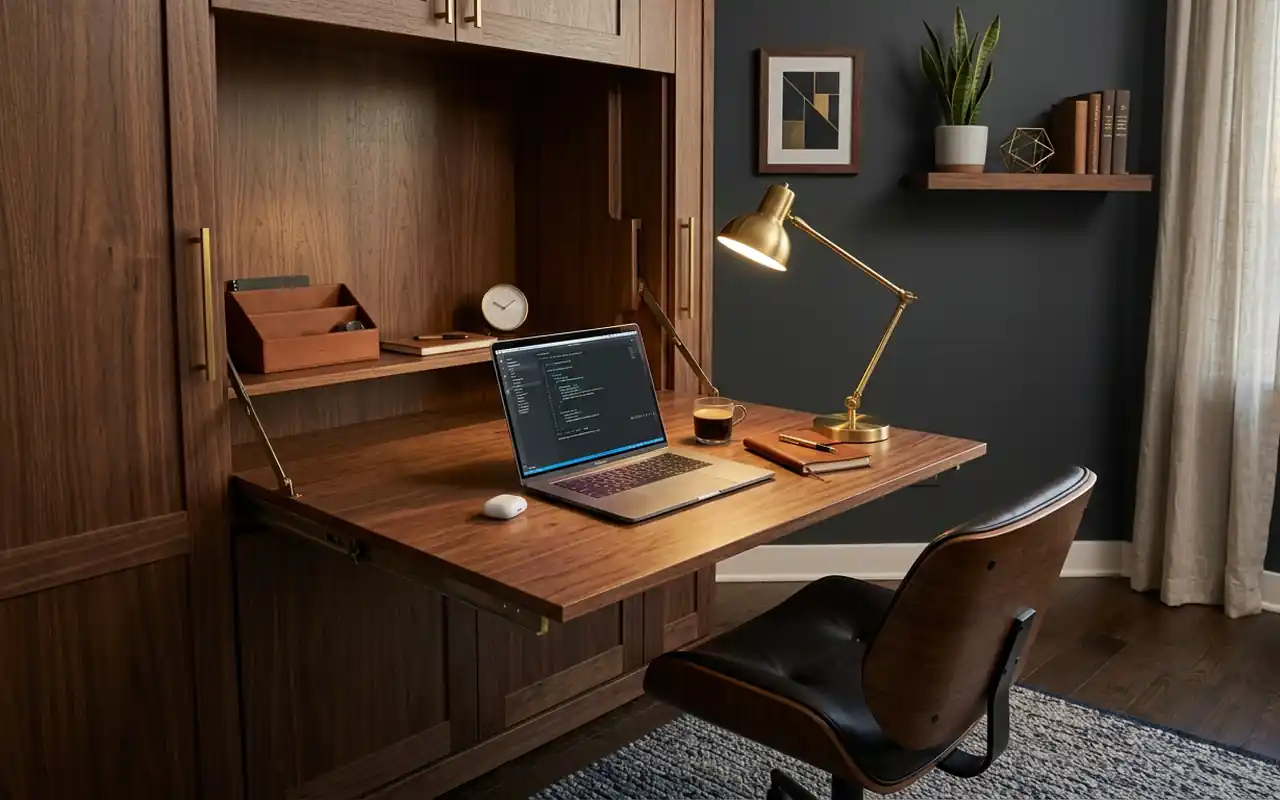 A sleek walnut Murphy desk folded down in a compact home office man cave.