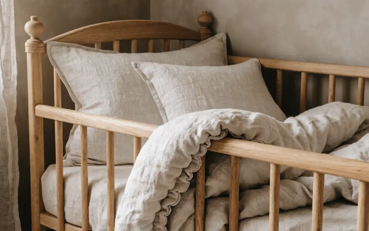 A modern wood crib against a warm greige wall with neutral linen bedding.