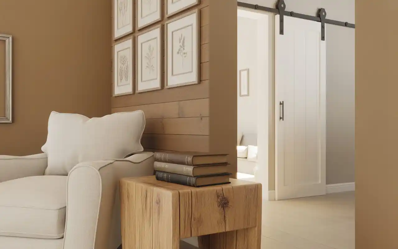 Living room with warm greige walls and soft oak furniture accents