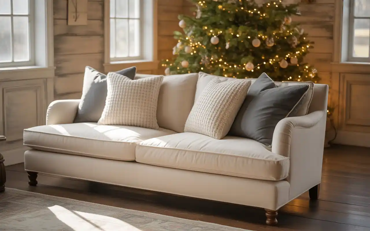 A neutral farmhouse living room with warm greige walls and a decorated tree.