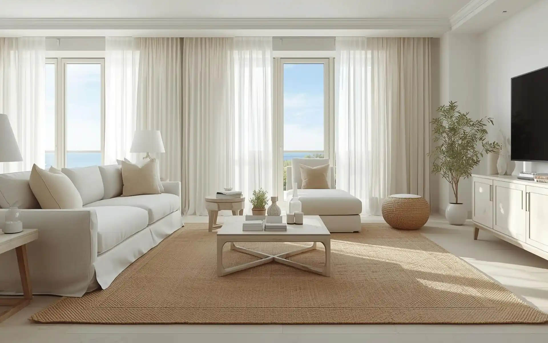 Close-up of a textured tan jute rug on a light wood floor