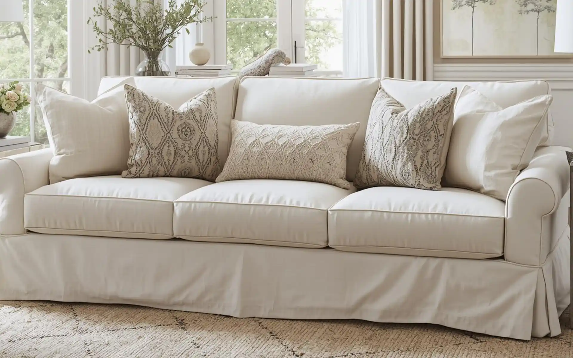 Large cream-colored slipcovered sofa with soft pillows
