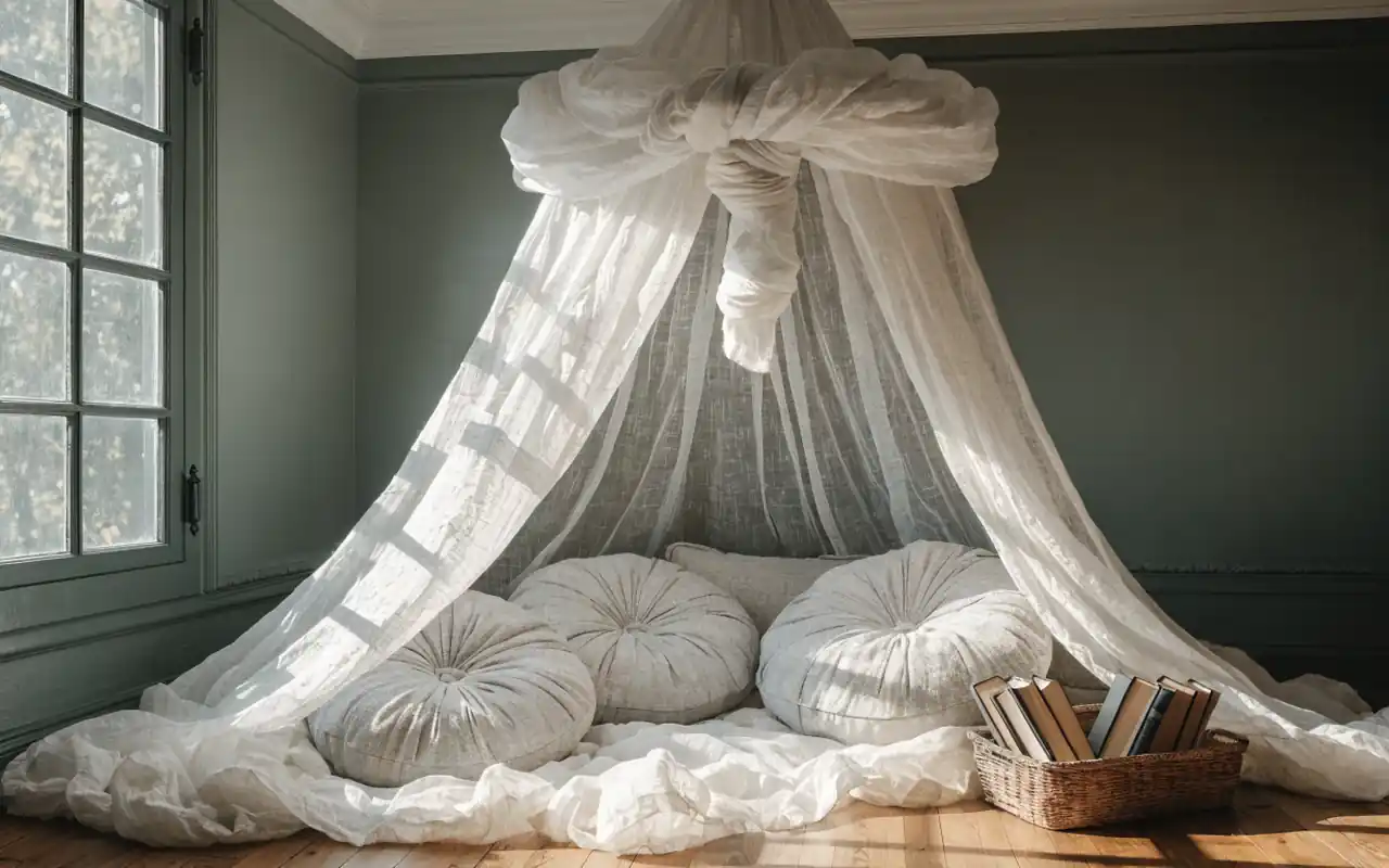 A sheer linen canopy over a cozy reading corner with floor cushions and books.