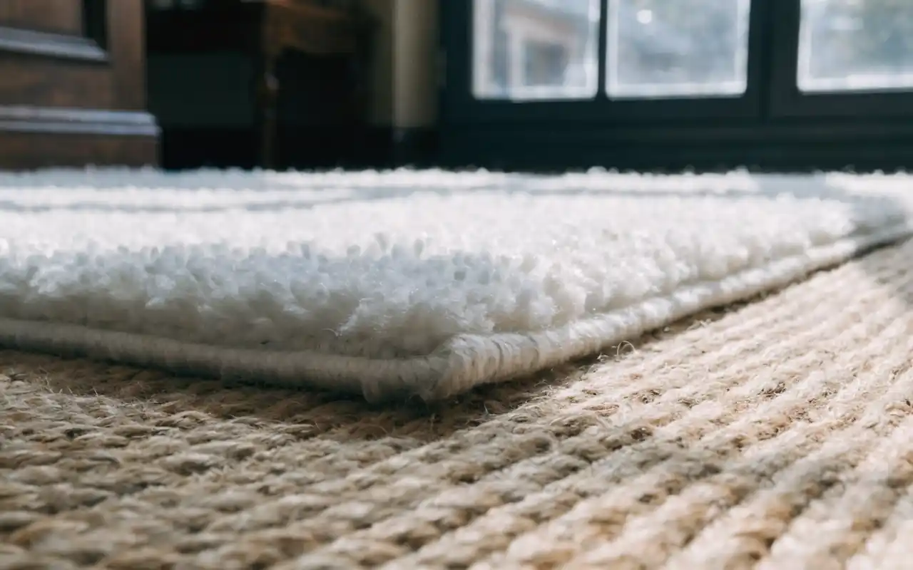 Close up of a cream plush rug layered over a large jute rug in a nursery.