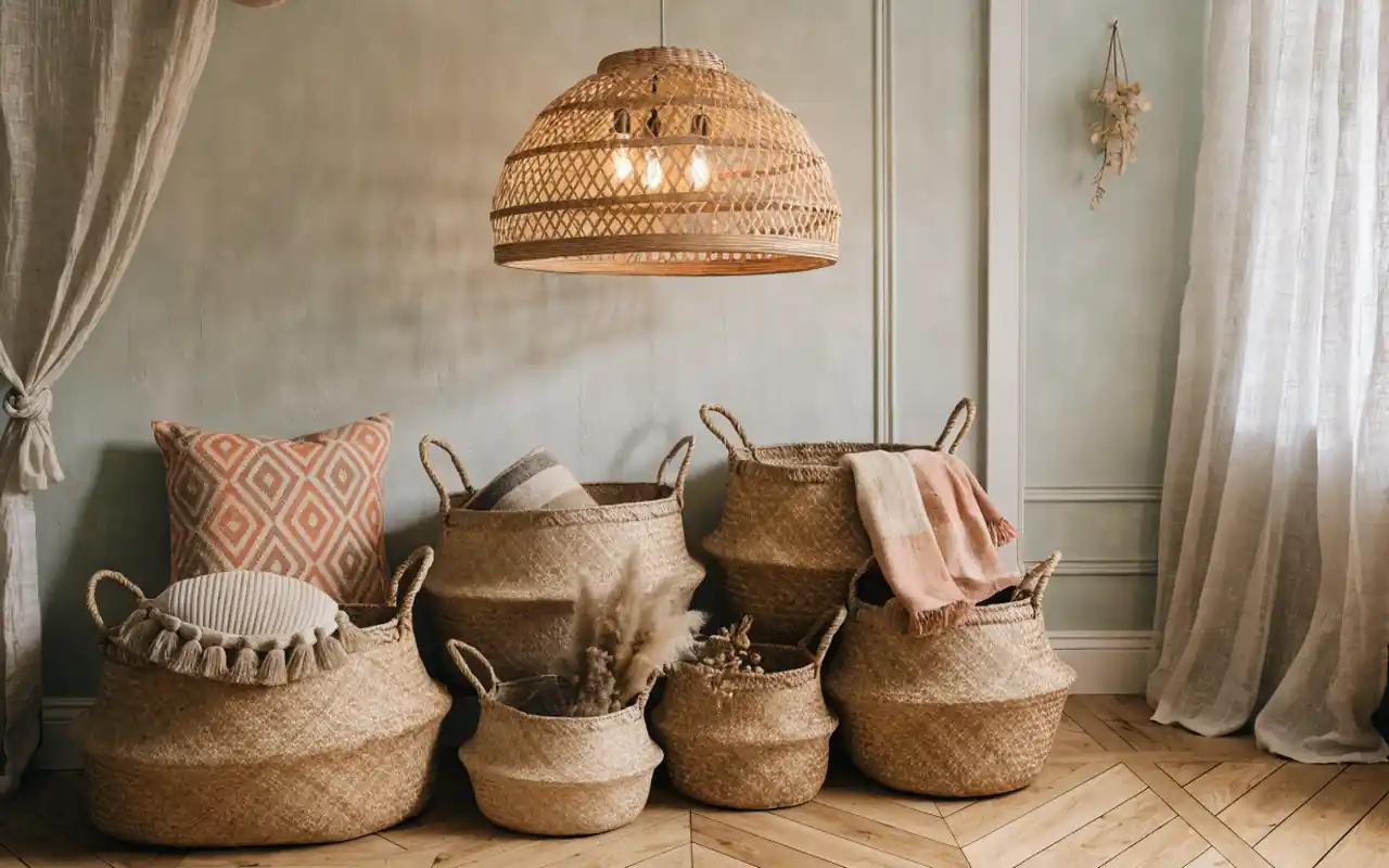 A nursery corner featuring woven baskets, a rattan light fixture, and wooden wall shelves.