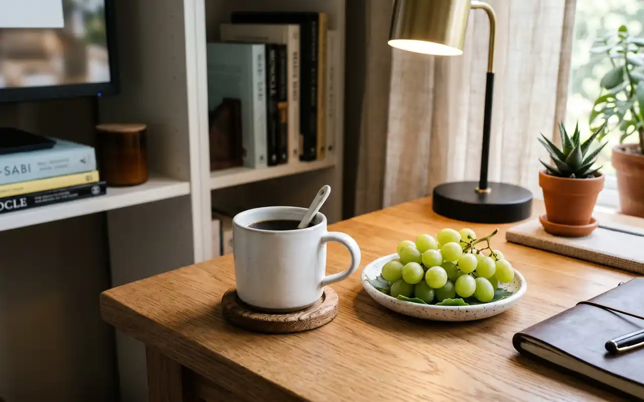 A small corner of an office desk with a ceramic mug and a tray of healthy snacks.