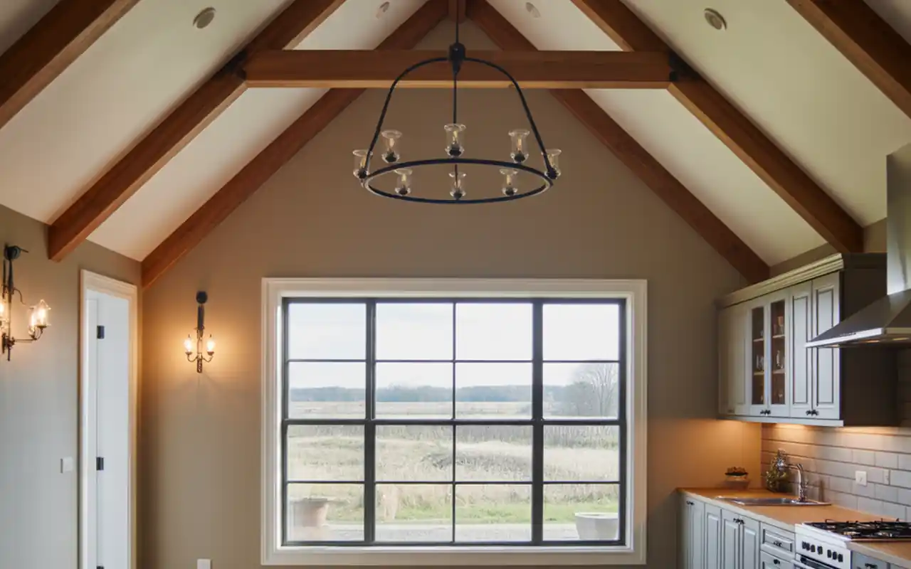 An open-concept living and dining area in a barn house with high ceilings and exposed timber beams.