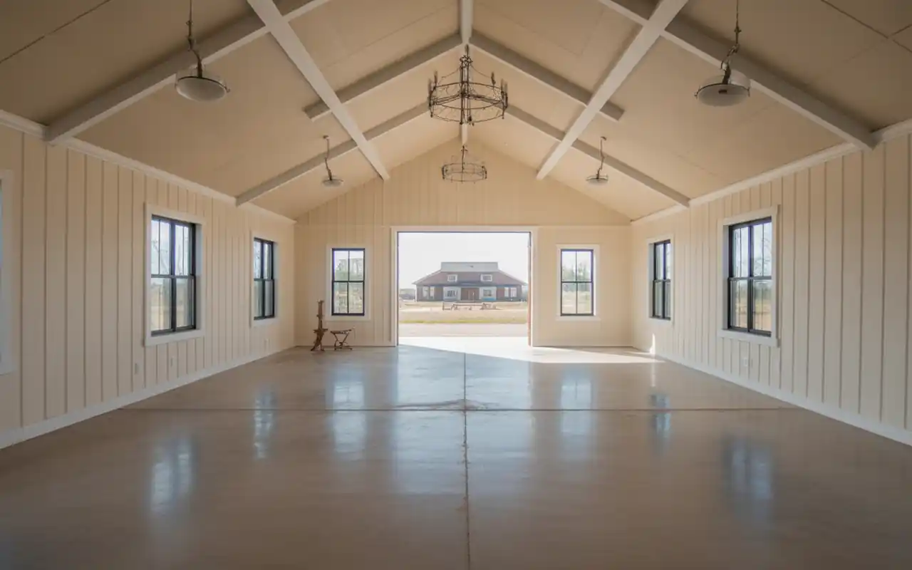 An open-concept barndominium interior with vaulted ceilings, exposed beams, and a large living area.