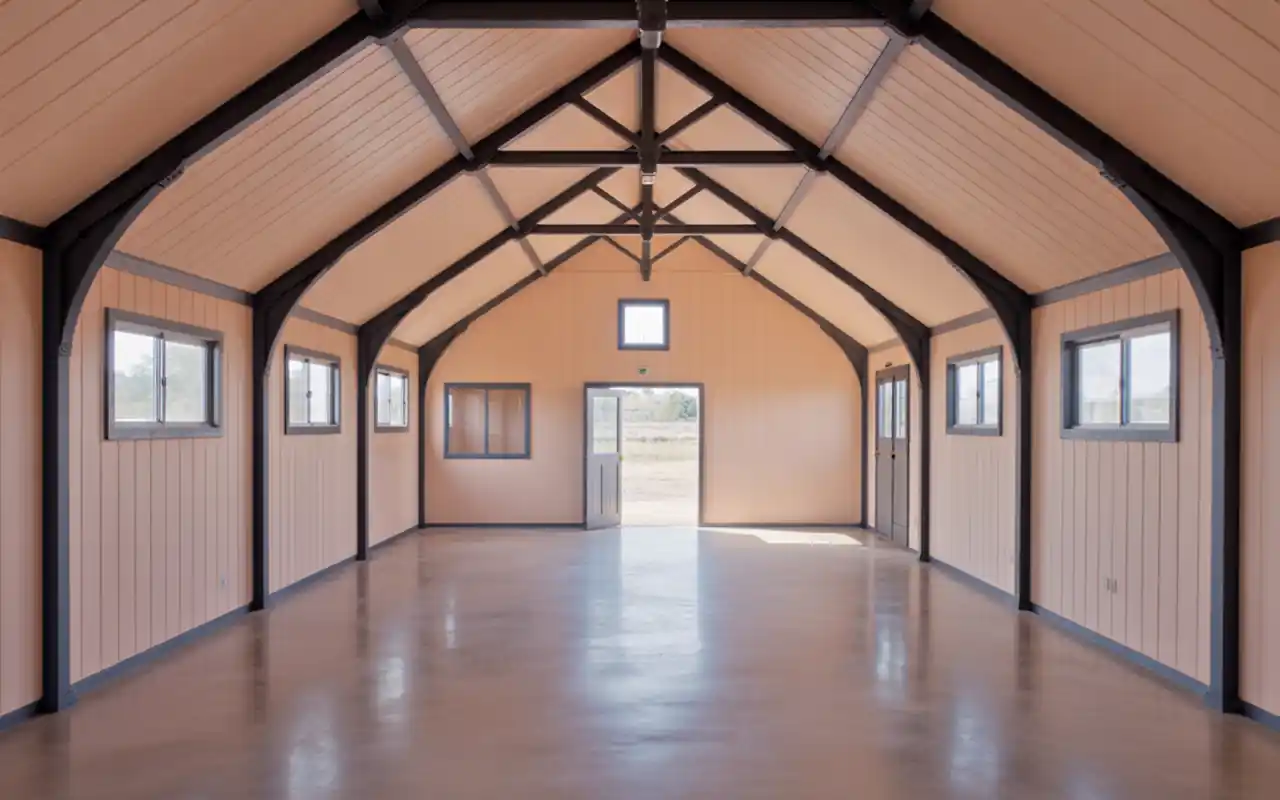 An open-concept small barndominium interior with vaulted ceilings and a warm greige color palette.