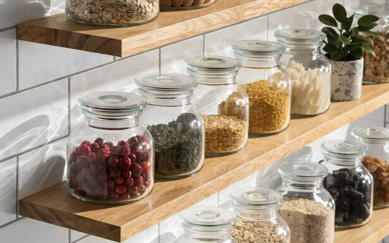 Light oak open shelves in a laundry room with glass jars and woven baskets against white tile.