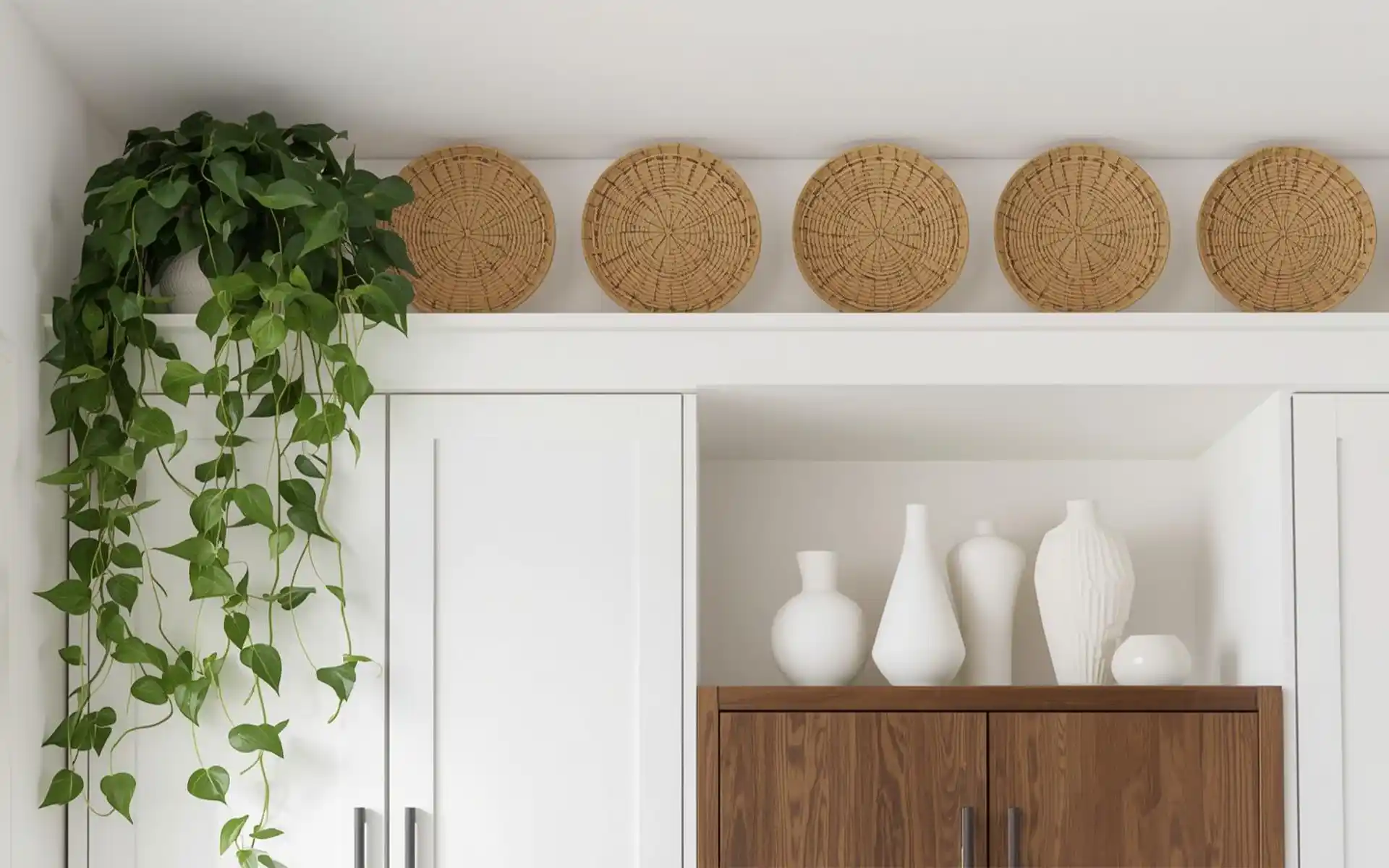 Group of three white ceramic vases of different heights on a kitchen cabinet ledge