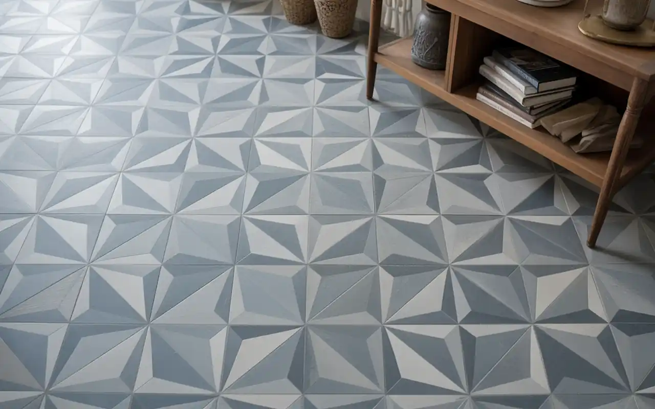 A concrete patio slab refreshed with a large-scale grey and white tile stencil pattern.