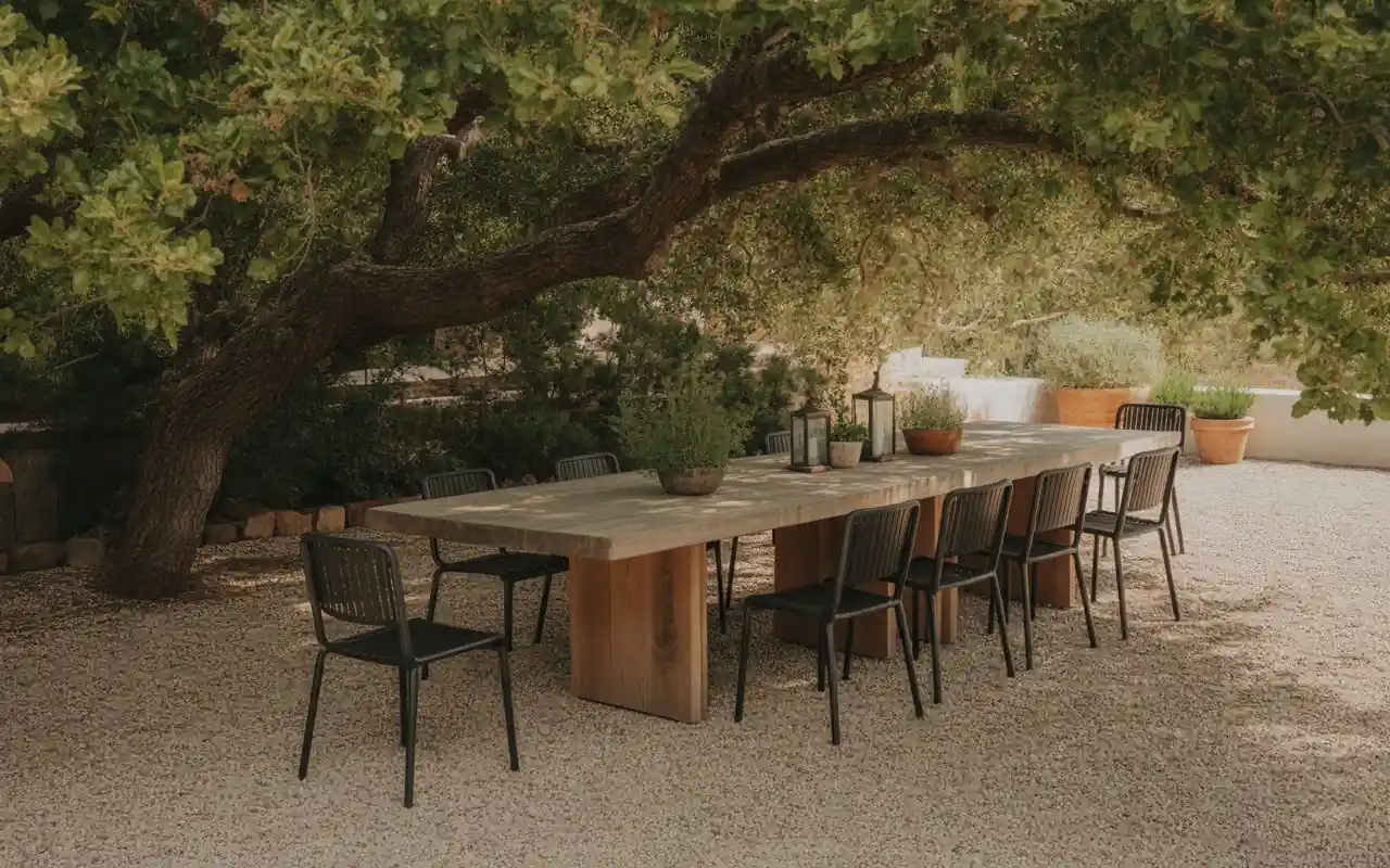 A group of friends sitting around a modern metal fire pit on a paver patio with soft lighting.
