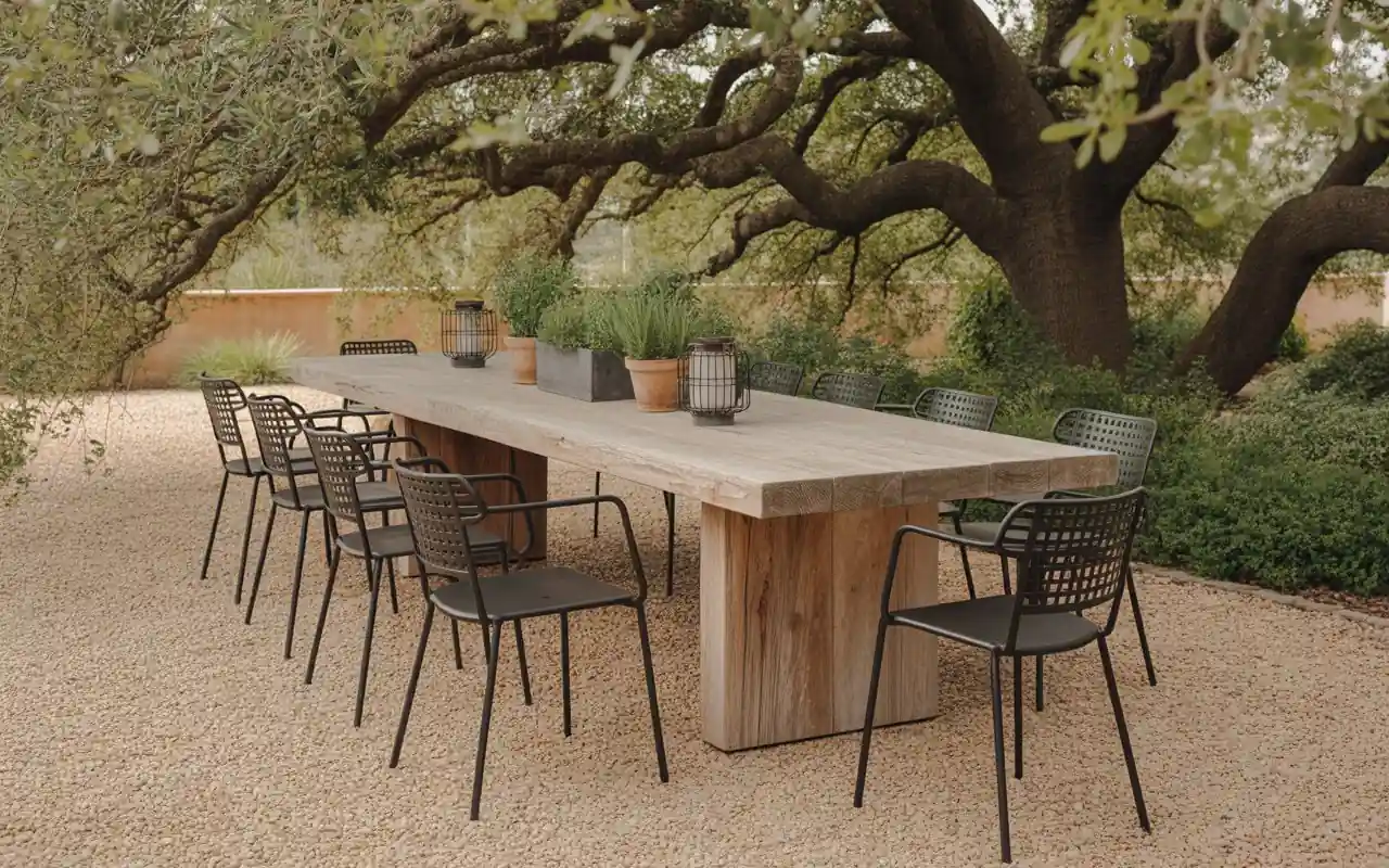 A rustic pea gravel patio with a wooden dining table and black chairs in a lush green backyard.