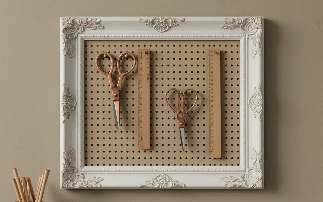 A framed white pegboard holding premium craft tools above a sleek desk.