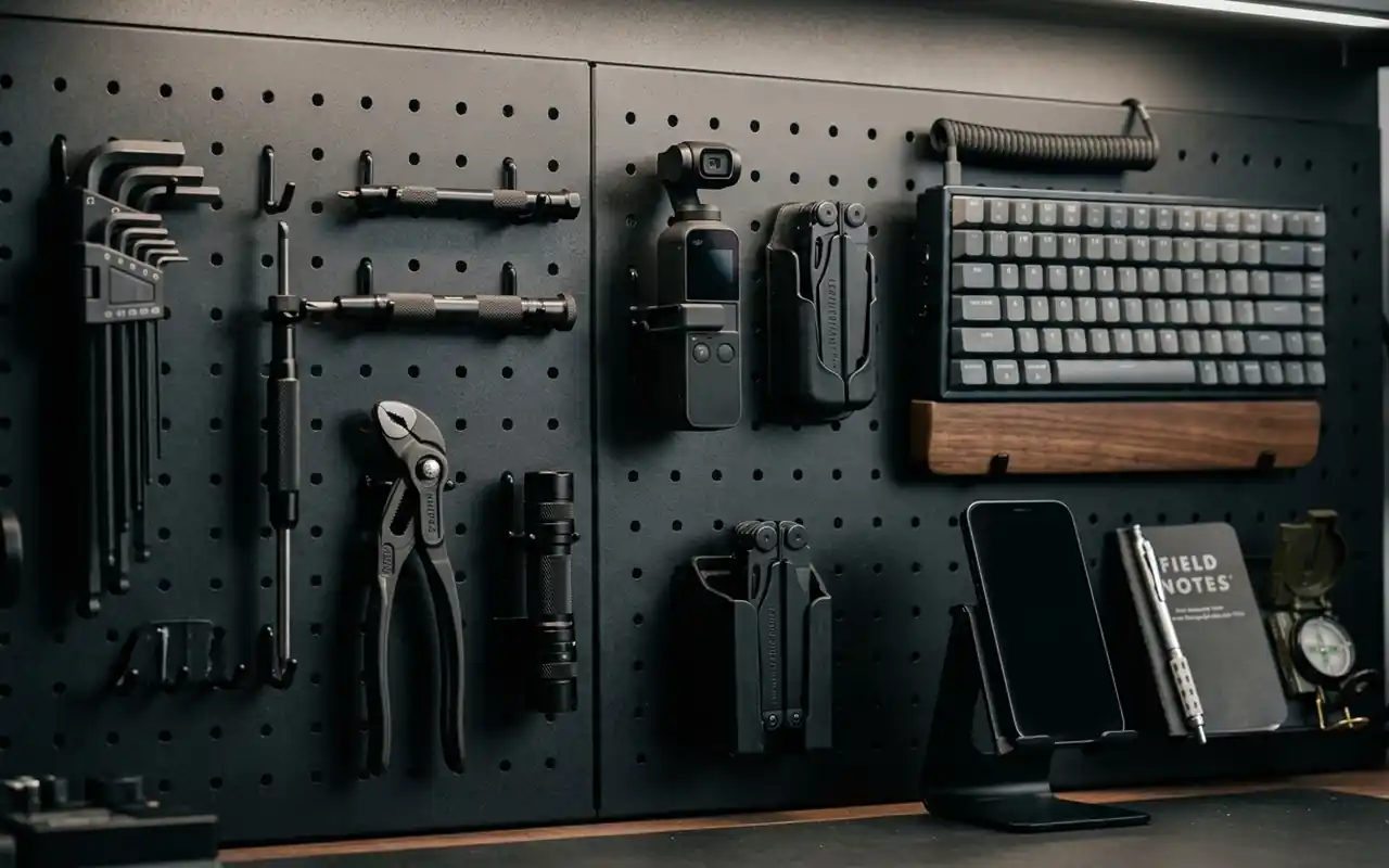 A dark matte pegboard wall in a man cave displaying organized tools and gadgets.
