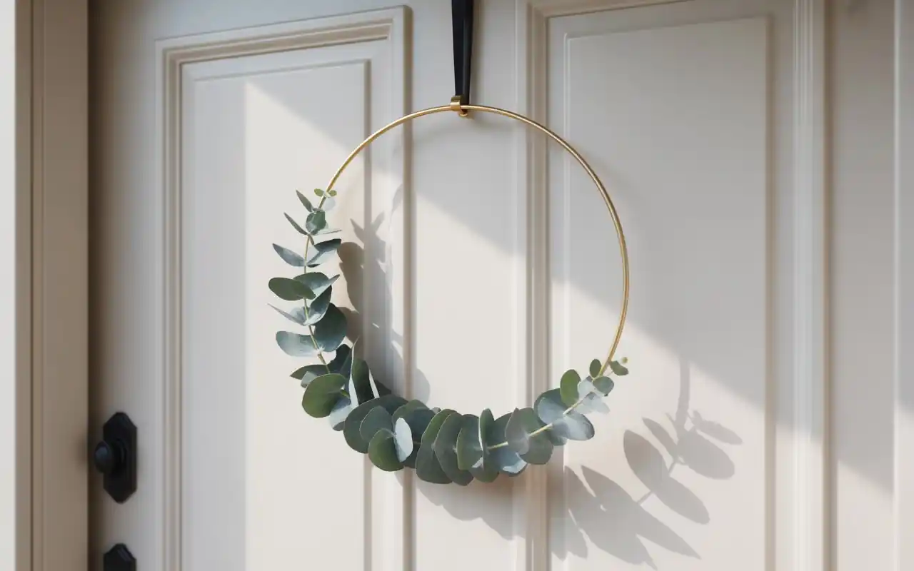 A romantic wreath made of large blush peonies and green leaves on a wood door.