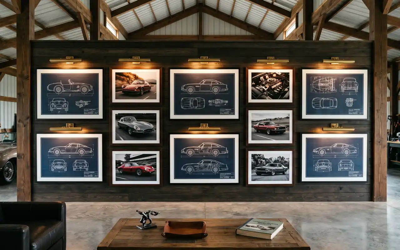 A car display area in a pole barn featuring large-scale framed automotive blueprints on the walls.
