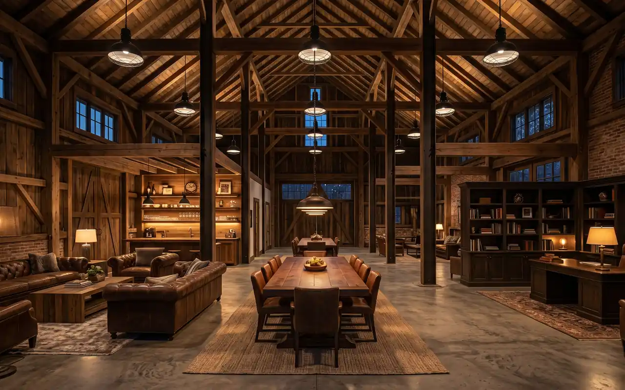 A wide shot showing industrial high-bay lights and warm LED accent lighting in a barn.