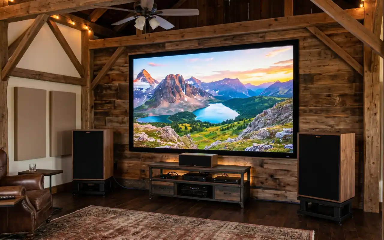 A massive 150-inch projection screen in a pole barn man cave with a deep sectional sofa.