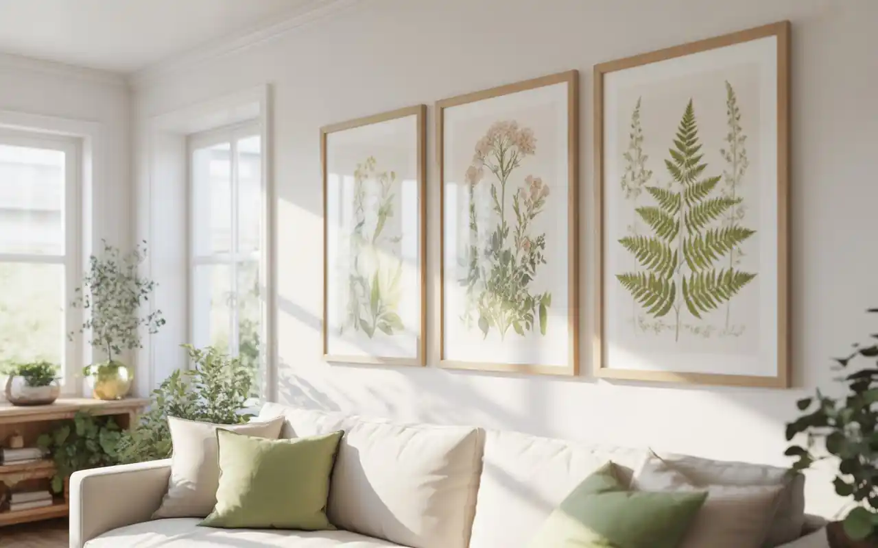 Gallery wall of 6 identical frames with pressed green ferns