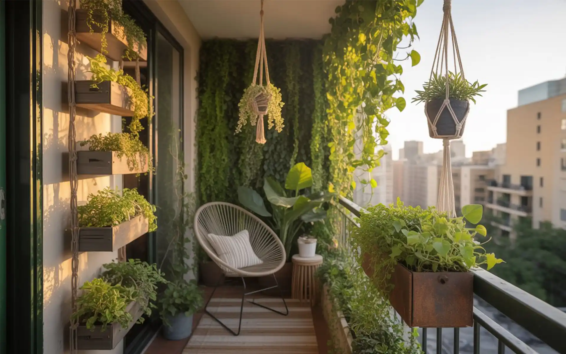Dark grey saddle planters on a balcony railing with trailing ivy
