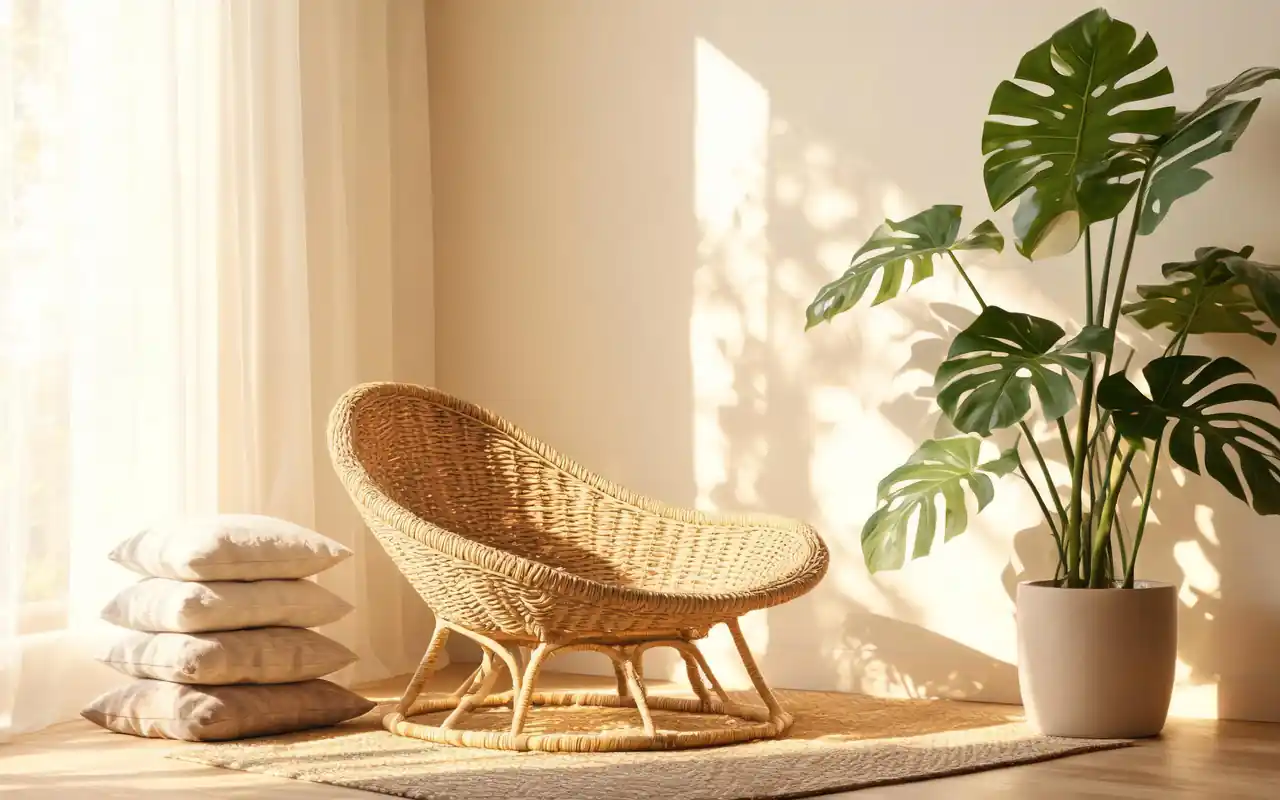 A sculptural rattan meditation chair in a sunroom surrounded by large green plants.