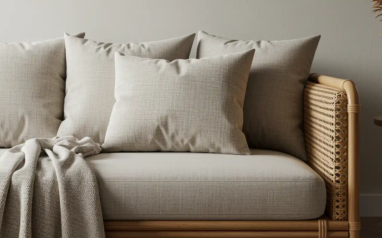 Close-up of a high-quality rattan sofa with plush white linen cushions in a sunlit room.