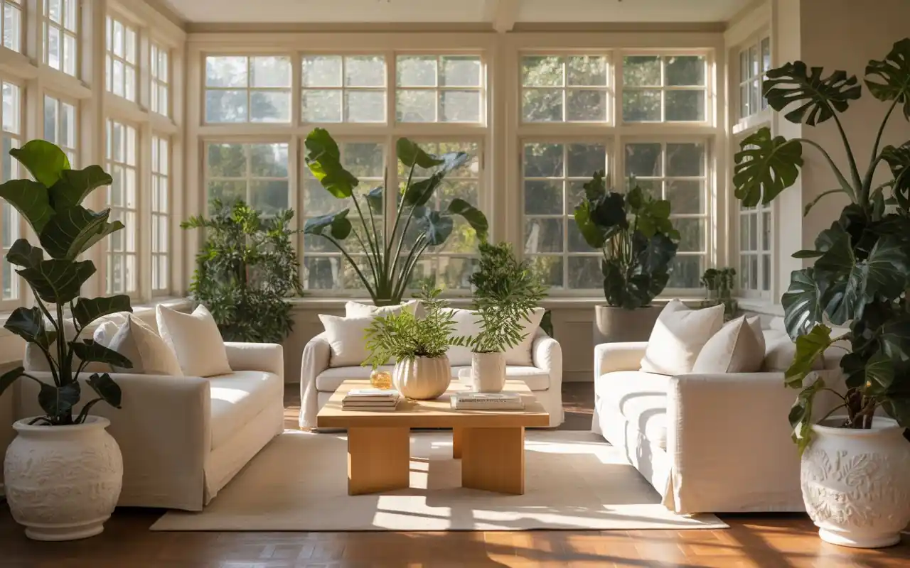 A modern porch showing motorized retractable screens being lowered between stone columns.
