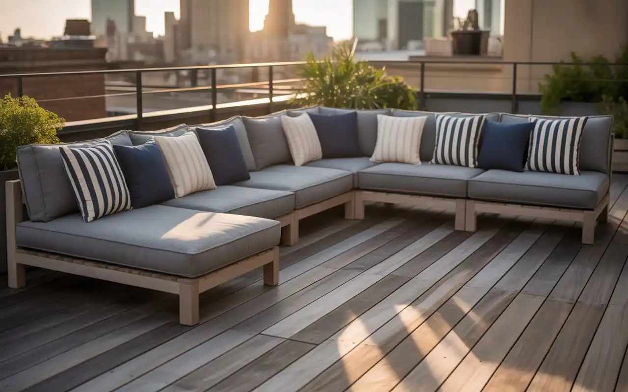 An outdoor dining table on a rooftop featuring frameless glass railings for views.