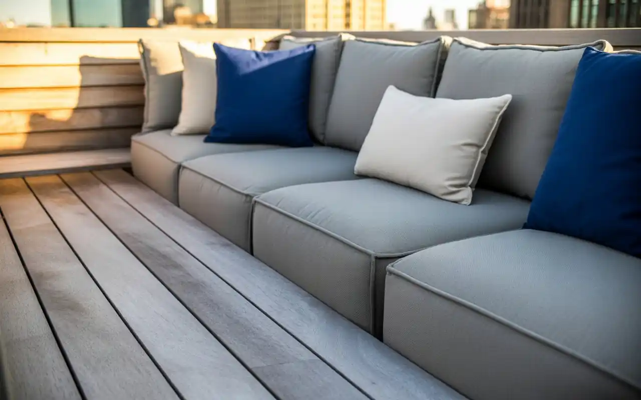 A modern gas fire pit on a rooftop terrace at night with glowing LED lights.