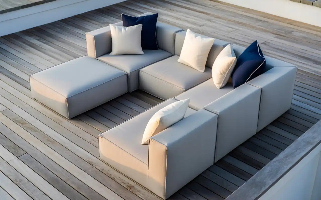 A flexible modular outdoor sofa on a wooden rooftop deck with accent pillows.