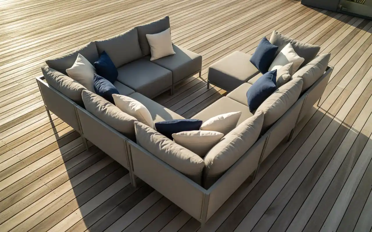 A small stone water fountain surrounded by potted plants on an urban rooftop.