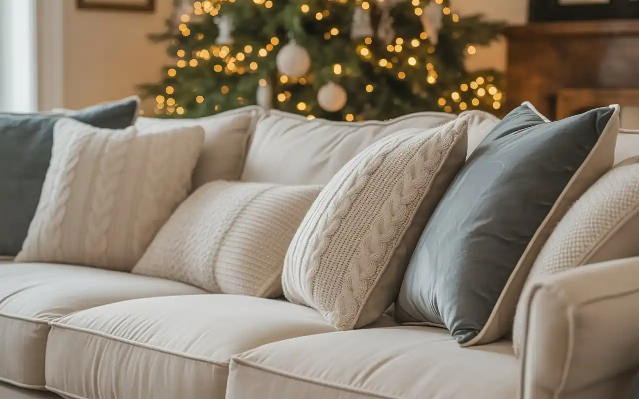 A rustic fireplace mantel with thick evergreen garland and white stockings.