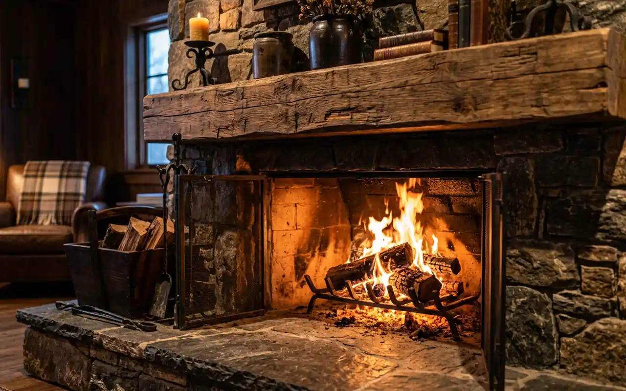 A floor-to-ceiling stone fireplace in a rustic cabin with flickering firelight and leather chairs.