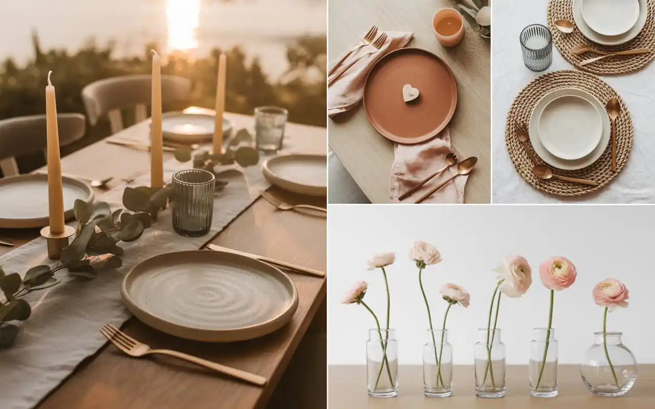 Woven seagrass placemat under a white plate with romantic accents