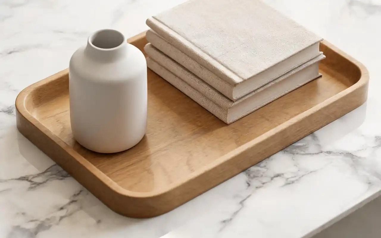 A soft oak tray holding a ceramic vase and a small stack of books on a marble table.