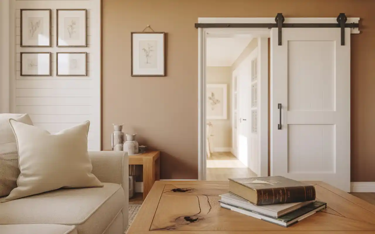 A white sliding barn door with black hardware in a living room