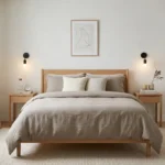 A bright small bedroom with a queen bed and neutral decor
