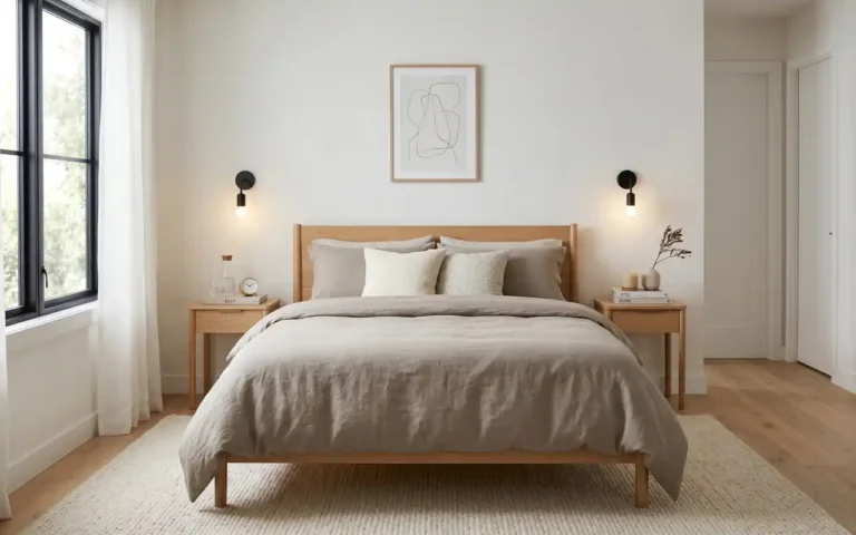 A bright small bedroom with a queen bed and neutral decor