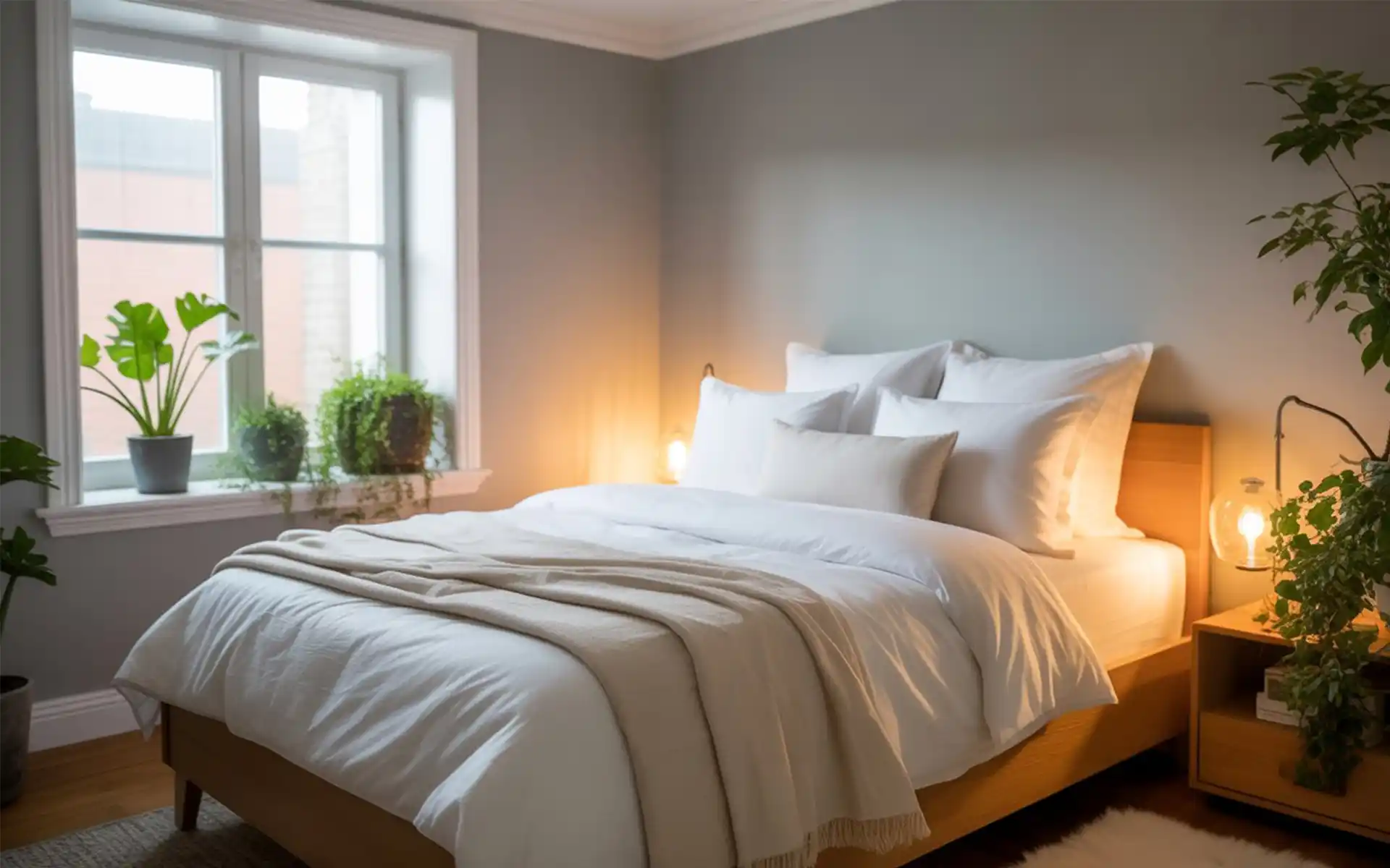 Large floor mirror leaning against a bedroom wall reflecting a window